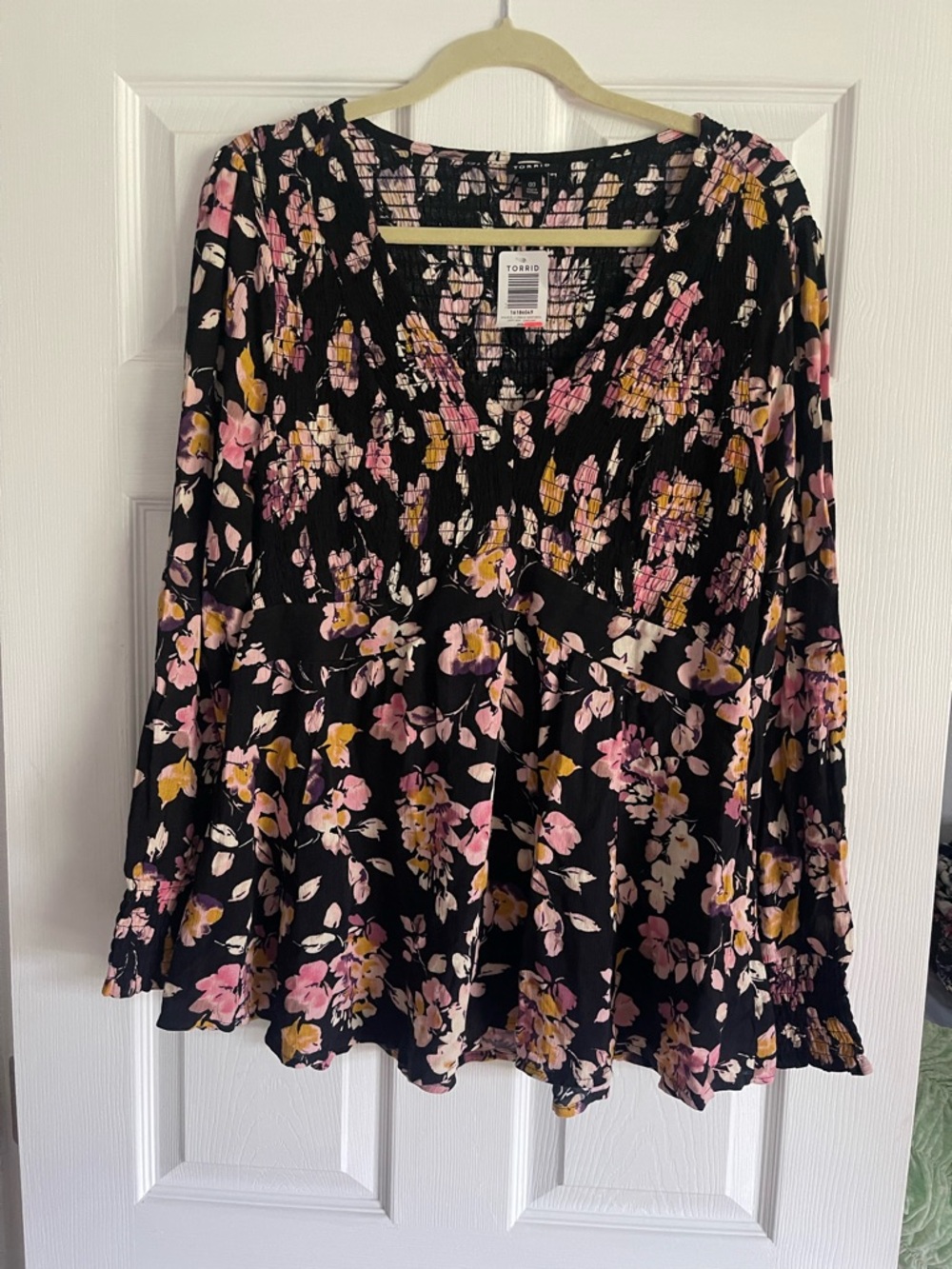 Torrid Black Floral Smocked V-Neck Top with Pink and Yellow Blooms